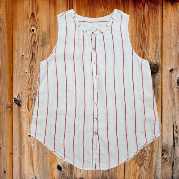 C&C California Top White Linen Red Stripes Sleeveless Button Up Shirt Blouse L - Picture 1 of 14